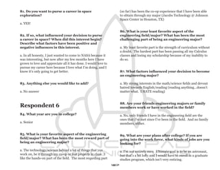 81. Do you want to purse a career in space                            (so far) has been the co-op experience that I have been able
exploration?                                                          to obtain through my major (Jacobs Technology @ Johnson
                                                                      Space Center in Houston, TX)
a. YES!

                                                                      86. What is your least favorite aspect of the
82. If so, what influenced your decision to purse                     engineering field/major? What has been the most
a career in space? When did this interest begin?                      challenging part of being an engineering major?
Describe what factors have been positive and
negative influences in this interest.                                 a. My least favorite part is the strength of curriculum without
                                                                      a doubt. The hardest part has been passing all my Calculus
a. In all honesty, I just wanted to come to NASA because it           classes and losing my scholarship because of my inability to
was interesting, but now after my few months here I have              do so.
grown to love and appreciate all it has done. I would love to
pursue my career here because I love what I’m doing, and I
know it’s only going to get better.                                   87. What factors influenced your decision to become
                                                                      an engineering major?

83. Anything else you would like to add?                              a. My strong interests in the math/science fields and devout
                                                                      hatred towards English/reading (reading anything…doesn’t
a. No answer                                                          matter what. I HATE reading)


                                                                      88. Are your friends engineering majors or family
Respondent 6                                                          members work or have worked in the field?

84. What year are you in college?                                     a. No, only friends I have in the engineering field are the
                                                                      ones that I’ve met since I’ve been in the field. And no family
a. Senior                                                             members, either.


85. What is your favorite aspect of the engineering                   89. What are your plans after college? If you are
field/major? What has been the most reward part of                    going into the work force, what kinds of jobs are you
being an engineering major?                                           looking for?

a. The technology/science behind a lot of things that you             a. I’m not entirely sure. Ultimate goal is to be an astronaut,
work on, be it through my co-op or just projects in class. I          but that’s a bit lofty and I would have to enroll in a graduate
like the hands-on part of the field. The most reqarding part          studies program, which isn’t very enticing.
                                                                107
 