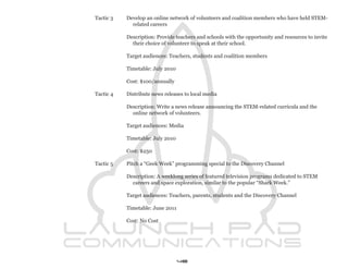 Tactic 3   Develop an online network of volunteers and coalition members who have held STEM-
             related careers

           Description: Provide teachers and schools with the opportunity and resources to invite
             their choice of volunteer to speak at their school.

           Target audiences: Teachers, students and coalition members

           Timetable: July 2010

           Cost: $100/annually

Tactic 4   Distribute news releases to local media

           Description: Write a news release announcing the STEM-related curricula and the
             online network of volunteers.

           Target audiences: Media

           Timetable: July 2010

           Cost: $250

Tactic 5   Pitch a “Geek Week” programming special to the Discovery Channel

           Description: A weeklong series of featured television programs dedicated to STEM
             careers and space exploration, similar to the popular “Shark Week.”

           Target audiences: Teachers, parents, students and the Discovery Channel

           Timetable: June 2011

           Cost: No Cost




                                  48
 