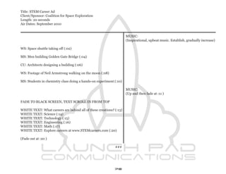 Title: STEM Career Ad
Client/Sponsor: Coalition for Space Exploration
Length: 20 seconds
Air Dates: September 2010


                                                                    MUSIC:
                                                                    (Inspirational, upbeat music. Establish, gradually increase)

WS: Space shuttle taking off (:02)

MS: Men building Golden Gate Bridge (:04)

CU: Architects designing a building (:06)

WS: Footage of Neil Armstrong walking on the moon (:08)

MS: Students in chemistry class doing a hands-on experiment (:10)

                                                                    MUSIC:
                                                                    (Up and then fade at :11 )

FADE TO BLACK SCREEN, TEXT SCROLL IN FROM TOP

WHITE TEXT: What careers are behind all of these creations? (:13)
WHITE TEXT: Science (:14)
WHITE TEXT: Technology (:15)
WHITE TEXT: Engineering (:16)
WHITE TEXT: Math (:17)
WHITE TEXT: Explore careers at www.STEMcareers.com (:20)

(Fade out at :20 )

                                                            ###




                                                            70
 