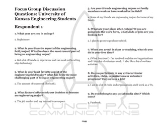 Focus Group Discussion                                               5. Are your friends engineering majors or family
                                                                     members work or have worked in the field?
Questions: University of
                                                                     a. Some of my friends are engineering majors but none of my
Kansas Engineering Students                                          family.

Respondent 1                                                         6. What are your plans after college? If you are
                                                                     going into the work force, what kinds of jobs are you
1. What year are you in college?                                     looking for?
a. Sophomore                                                         a. I plan to go on to graduate school.


2. What is your favorite aspect of the engineering                   7. When you aren’t in class or studying, what do you
field/major? What has been the most reward part of                   do in your free time?
being an engineering major?
                                                                     a. (What free time?) I’m involved in clubs and organizations
a. Get a lot of hands on experience and can work with cutting        and I do a lot of volunteer work. I also like a lot of outdoor
edge technology                                                      activities.


3. What is your least favorite aspect of the                         8. Do you participate in any extracurricular
engineering field/major? What has been the most                      activities, clubs, organizations or volunteer
challenging part of being an engineering major?                      programs? Do you have a job?
a. The amount of teamwork (for both).                                a. I am in a lot of clubs and organizations and I work as a TA.


4. What factors influenced your decision to become                   9. Do you belong to any social media sites? Which
an engineering major?                                                ones?
a. The job market and my interest in aerospace.                      a. Facebook.




                                                                98
 