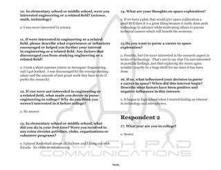 10. In elementary school or middle school, were you                   14. What are your thoughts on space exploration?
interested engineering or a related field? (science,
math, technology)                                                     a. If we have a plan that would give space exploration a
                                                                      good ROI then it is a great thing because it really does push
a. I was more interested in science.                                  technology to advance while motivating others to pursue
                                                                      technical careers which will benefit the economy.

11. If were interested in engineering or a related
field, please describe what experiences or influences                 15.Do you want to purse a career in space
encouraged or helped you further your interest                        exploration?
in engineering or a related field. Any factors that
discouraged you from studying engineering or a                        a. Possibly, but I’m more interested in the research aspect in
related field?                                                        terms of technology. That’s not to say that I’m not interested
                                                                      in possible findings, just that exploring the moon again
a. I took a short summer course in Aerospace Engineering,             wouldn’t exactly be a huge thrill for me since it has been
and I got hooked. I was discouraged by the average starting           done.
salary and the amount of just grunt work they have to do (I
prefer the research).                                                 16. If so, what influenced your decision to purse
                                                                      a career in space? When did this interest begin?
                                                                      Describe what factors have been positive and
12. If you were not interested in engineering or                      negative influences in this interest.
a related field, what made you decide to purse
engineering in college? Why do you think you                          a. It began in high school when I started finding an interest
weren’t interested in it before college?                              in technology and astrophysics.

a. No answer

                                                                      Respondent 2
13. In elementary school or middle school, what
did you do in your free time? Were you involved in                    17. What year are you in college?
any extra circular activities, clubs, organizations or
volunteer programs?                                                   a. Senior

a. I played Basketball almost all the time and I hung out with
friends. No clubs or volunteering.




                                                                 99
 