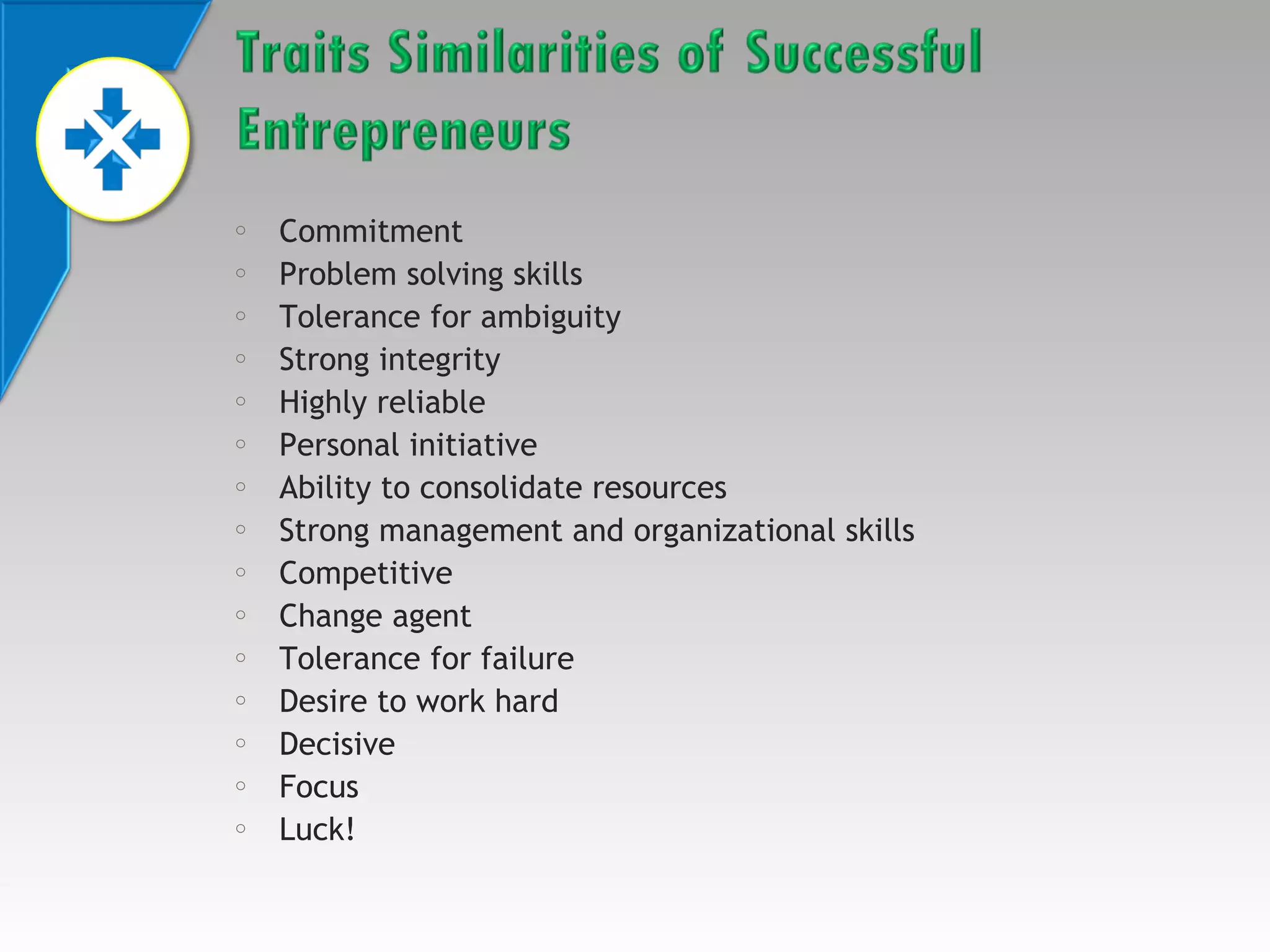 o
o
o
o
o
o
o
o
o
o
o
o
o
o
o

Commitment
Problem solving skills
Tolerance for ambiguity
Strong integrity
Highly reliable
Personal initiative
Ability to consolidate resources
Strong management and organizational skills
Competitive
Change agent
Tolerance for failure
Desire to work hard
Decisive
Focus
Luck!

 