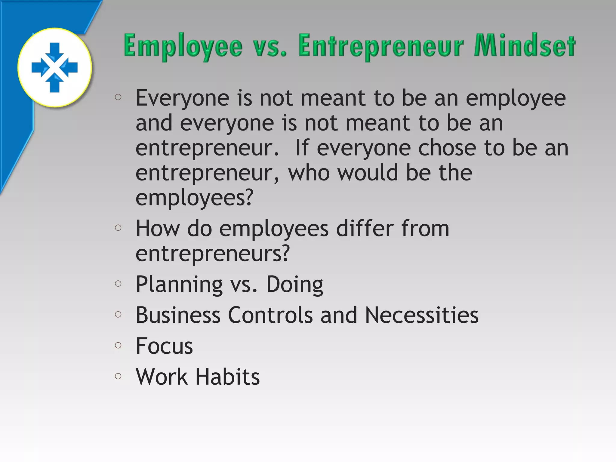 o

o

o
o
o
o

Everyone is not meant to be an employee
and everyone is not meant to be an
entrepreneur. If everyone chose to be an
entrepreneur, who would be the
employees?
How do employees differ from
entrepreneurs?
Planning vs. Doing
Business Controls and Necessities
Focus
Work Habits

 
