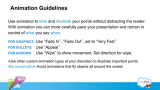 Animation Guidelines                 .




Use animation to time and illustrate your points without distracting the reader.
With animation you can more carefully pace your presentation and remain in
control of what you say when.

FOR GRAPHICS     Use Fade In , Fade Out , set to Very Fast
FOR BULLETS      Use Appear
FOR ARROWS       Use Wipe to show movement. Set direction for wipe.

• Use other custom animation types at your discretion to illustrate important points.
• Be conservative: Avoid animations that fly objects all around the screen.
 