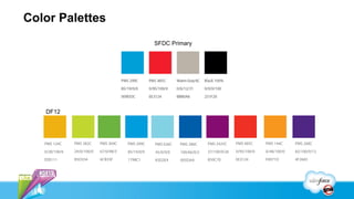 Color Palettes
                                                                                             SFDC Primary




                                                                                                                                                                  service & engage (Service)
                                                                                              connect & sell (Sales)
                         collaborate (Chatter)




                                                                                                                          automate & extend




                                                                                                                                                                                                  product & partners
                                                    site.com category



                                                                          social marketing
      social profile




                                                                                                                                                 social apps




                                                                                                                                                                                                                        Rypple
   DF12




   PMS 124C            PMS 382C                  PMS 369C               PMS 299C             PMS 636C                  PMS 286C               PMS 2425C        PMS 485C                        PMS 144C                PMS 268C

   0/28/100/6          29/0/100/0                67/0/98/5              85/19/0/0            45/0/9/0                  100/66/0/2             37/100/0/26      0/95/100/0                      0/48/100/0              82/100/0/12

   EEB111              B5D334                    6CB33F                 1798C1               83D2E4                    005DAA                 850C70           EE3124                          F8971D                  4F2683
 