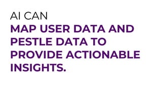 AI CAN
MAP USER DATA AND
PESTLE DATA TO
PROVIDE ACTIONABLE
INSIGHTS.
 