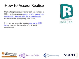 How to Access Realise
The Realise project outputs and tools are available to
SSCN members , you can access here by logging into
the members area and selecting the Realise tab.
You will then be given joining instructions.
If you are not a member you can sign- up to SSCN
here and access the many benefits of SSCN
membership.
 