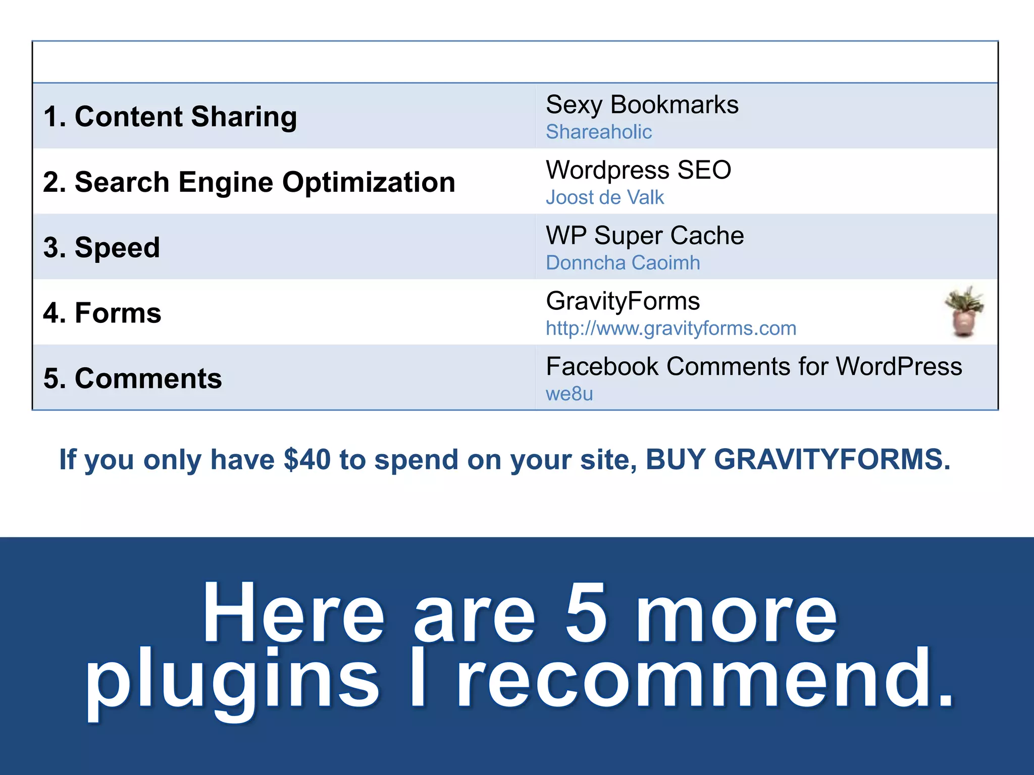 If you only have $40 to spend on your site, BUY GRAVITYFORMS.Here are 5 more plugins I recommend.