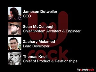 Jameson Detweiler
CEO

Sean McCullough
Chief System Architect & Engineer

Zachary Melamed
Lead Developer

Thomas Knoll
Chief of Product & Relationships
 