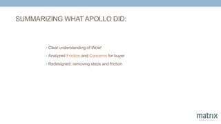 SUMMARIZING WHAT APOLLO DID:
• Clear understanding of Wow!
• Analyzed Friction and Concerns for buyer
• Redesigned, removing steps and friction
 