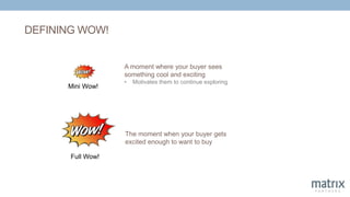 DEFINING WOW!
A moment where your buyer sees
something cool and exciting
• Motivates them to continue exploring
The moment when your buyer gets
excited enough to want to buy
Mini Wow!
Full Wow!
 