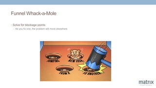 Funnel Whack-a-Mole
• Solve for blockage points
• As you fix one, the problem will move elsewhere
 
