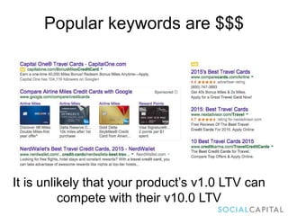 Popular keywords are $$$
It is unlikely that your product’s v1.0 LTV can
compete with their v10.0 LTV
 