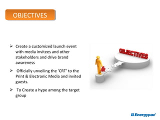  Create a customized launch event
with media invitees and other
stakeholders and drive brand
awareness
 Officially unveiling the ‘CRT’ to the
Print & Electronic Media and invited
guests.
 To Create a hype among the target
group
OBJECTIVESOBJECTIVES
 