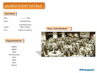 Venue : Grand Ball RoomVenue : Grand Ball Room
Proposed Guest list:Proposed Guest list:
Event DetailsEvent Details
Date: ……………, 2013
Venue: Grand Ball Room
Hotel Radisson Blu
Guests: 300++ invitees
Time : 6:30 pm to 10:00 pm
LAUNCH EVENT DETAILSLAUNCH EVENT DETAILS
BGMEA
BKMEA
FMCG
Pharmaceuticals
Bank
Media
FBCCI
Telecom
 
