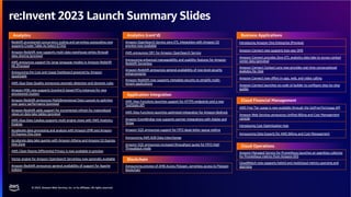 © 2023, Amazon Web Services, Inc. or its affiliates. All rights reserved.
© 2023, Amazon Web Services, Inc. or its affiliates. All rights reserved.
re:Invent 2023 Launch Summary Slides
Blockchain
Announcing preview of AMB Access Polygon, serverless access to Polygon
blockchain
Application Integration
AWS Step Functions launches support for HTTPS endpoints and a new
TestState API
AWS Step Functions launches optimized integration for Amazon Bedrock
Amazon EventBridge now supports partner integrations with Adobe and
Stripe
Amazon SQS announces support for FIFO dead-letter queue redrive
Announcing AWS B2B Data Interchange
Amazon SQS announces increased throughput quota for FIFO High
Throughput mode
Cloud Financial Management
AWS Free Tier usage is now available through the GetFreeTierUsage API
Amazon Web Services announces Unified Billing and Cost Management
console
Introducing Cost Optimization Hub
Announcing Data Exports for AWS Billing and Cost Management
Business Applications
Introducing Amazon One Enterprise (Preview)
Amazon Connect now supports two-way SMS
Amazon Connect provides Zero-ETL analytics data lake to access contact
center data (preview)
Amazon Connect Contact Lens now provides real-time conversational
analytics for chat
Amazon Connect now offers in-app, web, and video calling
Amazon Connect launches no-code UI builder to configure step-by-step
guides
Analytics
Redshift provisioned concurrency scaling and serverless autoscaling now
supports Create Table As Select (CTAS)
Amazon Redshift now supports multi-data warehouse writes through
data sharing (preview)
AWS announces support for large language models in Amazon Redshift
ML (Preview)
Announcing the Cost and Usage Dashboard powered by Amazon
QuickSight
AWS Glue Data Quality announces anomaly detection and dynamic rules
Amazon MSK now supports Graviton3-based M7g instances for new
provisioned clusters
Amazon Redshift announces Multidimensional Data Layouts to optimize
your query performance (preview)
Amazon Redshift adds support for incremental refresh for materialized
views on data lake tables (preview)
AWS Glue Data Catalog supports multi engine views with AWS Analytics
Engines
Accelerate data processing and analysis with Amazon EMR and Amazon
S3 Express One Zone
Accelerate data lake queries with Amazon Athena and Amazon S3 Express
One Zone
AWS Clean Rooms Differential Privacy is now available in preview
Vector engine for Amazon OpenSearch Serverless now generally available
Amazon Redshift announces general availability of support for Apache
Iceberg
Analytics (cont’d)
Amazon OpenSearch Service zero-ETL integration with Amazon S3
preview now available
AWS announces OR1 for Amazon OpenSearch Service
Announcing enhanced manageability and usability features for Amazon
Redshift Serverless
Amazon Redshift announces general availability of row-level security
enhancements
Amazon Redshift now supports metadata security to simplify multi-
tenant applications
Cloud Operations
Amazon Managed Service for Prometheus launches an agentless collector
for Prometheus metrics from Amazon EKS
CloudWatch now supports hybrid and multicloud metrics querying and
alarming
 