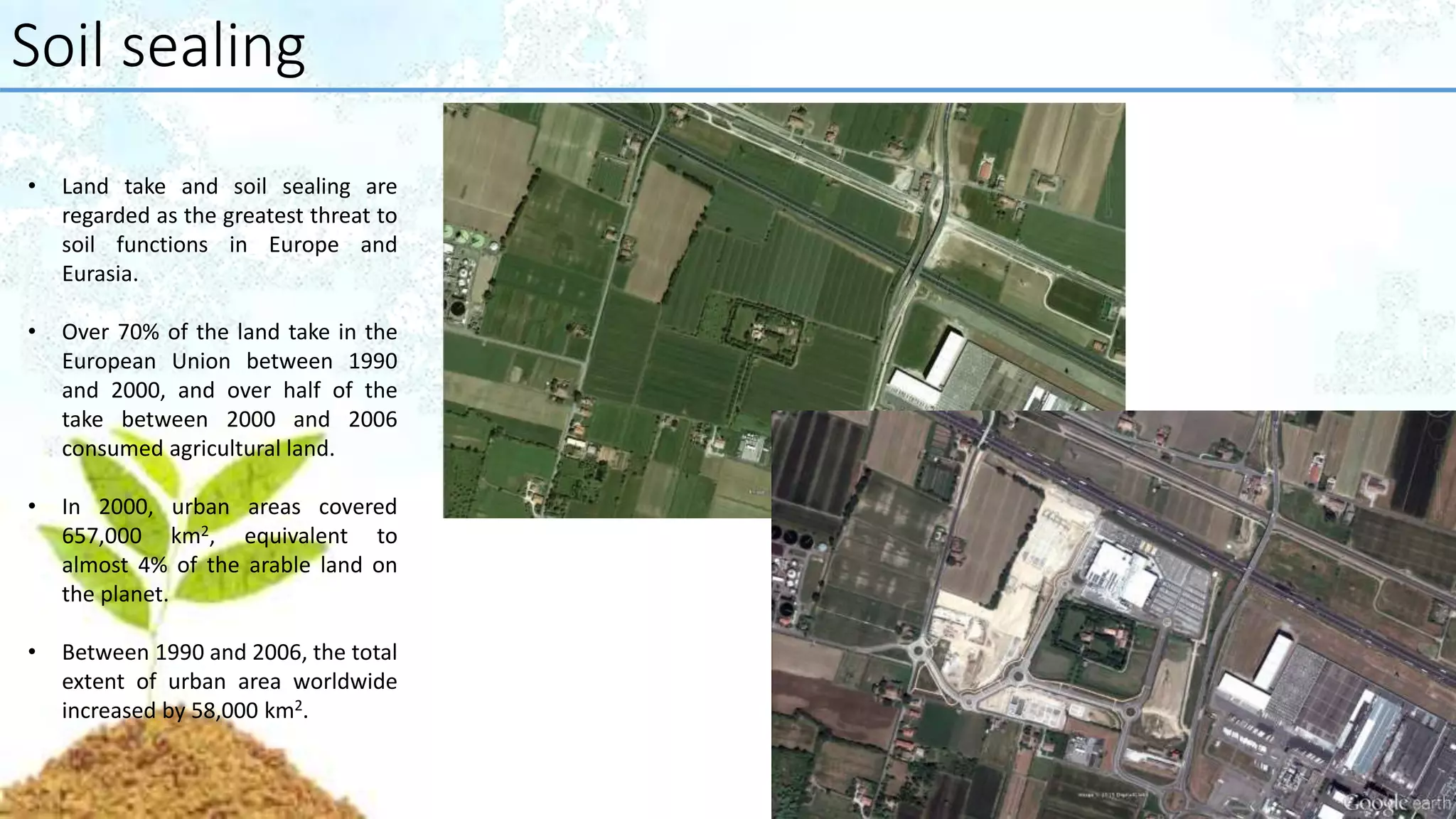 Soil sealing
• Land take and soil sealing are
regarded as the greatest threat to
soil functions in Europe and
Eurasia.
• Over 70% of the land take in the
European Union between 1990
and 2000, and over half of the
take between 2000 and 2006
consumed agricultural land.
• In 2000, urban areas covered
657,000 km2, equivalent to
almost 4% of the arable land on
the planet.
• Between 1990 and 2006, the total
extent of urban area worldwide
increased by 58,000 km2.
 