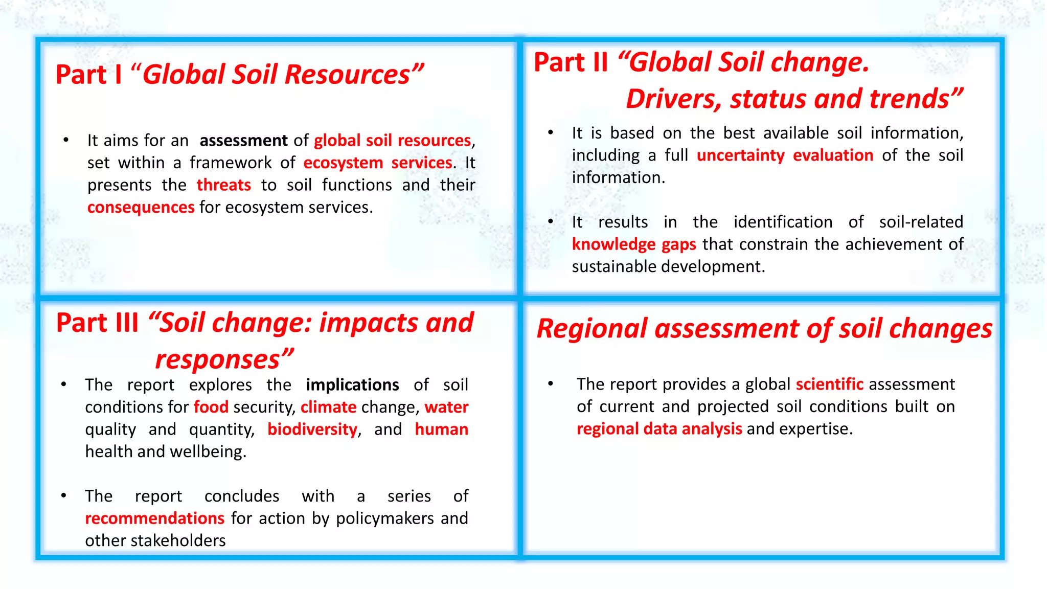 • The report provides a global scientific assessment
of current and projected soil conditions built on
regional data analysis and expertise.
Part I “Global Soil Resources”
Regional assessment of soil changesPart III “Soil change: impacts and
responses”
Part II “Global Soil change.
Drivers, status and trends”
• The report explores the implications of soil
conditions for food security, climate change, water
quality and quantity, biodiversity, and human
health and wellbeing.
• The report concludes with a series of
recommendations for action by policymakers and
other stakeholders
• It is based on the best available soil information,
including a full uncertainty evaluation of the soil
information.
• It results in the identification of soil-related
knowledge gaps that constrain the achievement of
sustainable development.
• It aims for an assessment of global soil resources,
set within a framework of ecosystem services. It
presents the threats to soil functions and their
consequences for ecosystem services.
 