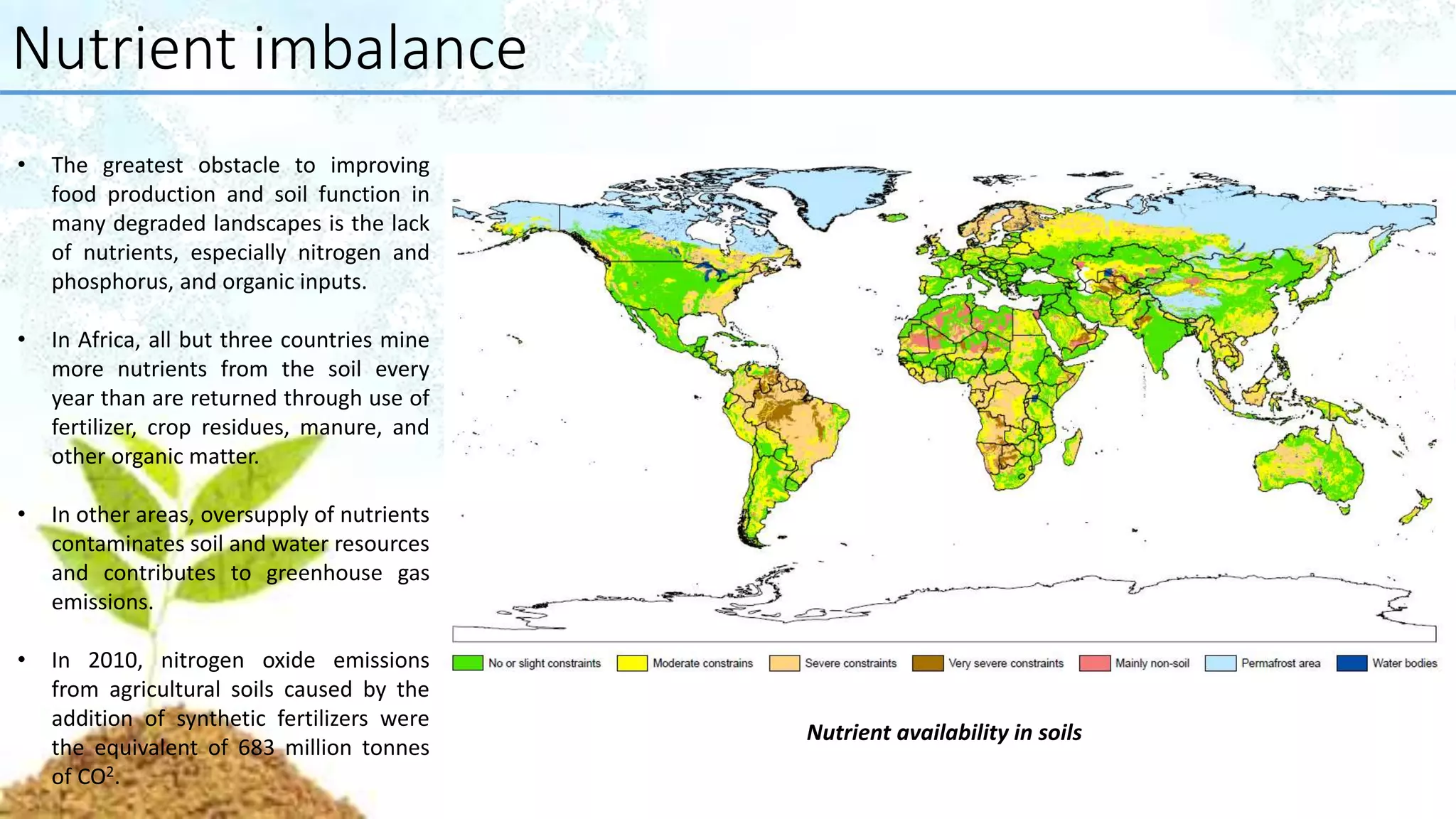 Nutrient imbalance
• The greatest obstacle to improving
food production and soil function in
many degraded landscapes is the lack
of nutrients, especially nitrogen and
phosphorus, and organic inputs.
• In Africa, all but three countries mine
more nutrients from the soil every
year than are returned through use of
fertilizer, crop residues, manure, and
other organic matter.
• In other areas, oversupply of nutrients
contaminates soil and water resources
and contributes to greenhouse gas
emissions.
• In 2010, nitrogen oxide emissions
from agricultural soils caused by the
addition of synthetic fertilizers were
the equivalent of 683 million tonnes
of CO2.
Nutrient availability in soils
 