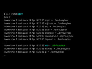$ ls -l _install/sbin/
total 0
lrwxrwxrwx 1 zack zack 14 Apr 5 20:38 acpid -> ../bin/busybox
lrwxrwxrwx 1 zack zack 14 Apr 5 20:38 adjtimex -> ../bin/busybox
lrwxrwxrwx 1 zack zack 14 Apr 5 20:38 arp -> ../bin/busybox
lrwxrwxrwx 1 zack zack 14 Apr 5 20:38 blkid -> ../bin/busybox
lrwxrwxrwx 1 zack zack 14 Apr 5 20:38 blockdev -> ../bin/busybox
lrwxrwxrwx 1 zack zack 14 Apr 5 20:38 bootchartd -> ../bin/busybox
lrwxrwxrwx 1 zack zack 14 Apr 5 20:38 depmod -> ../bin/busybox
…
lrwxrwxrwx 1 zack zack 14 Apr 5 20:38 init -> ../bin/busybox
lrwxrwxrwx 1 zack zack 14 Apr 5 20:38 insmod -> ../bin/busybox
lrwxrwxrwx 1 zack zack 14 Apr 5 20:38 ip -> ../bin/busybox
…
 