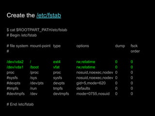 Create the /etc/fstab
$ cat $ROOTPART_PATH/etc/fstab
# Begin /etc/fstab
# file system mount-point type options dump fsck
# order
/dev/vda2 / ext4 rw,relatime 0 0
/dev/vda1 /boot vfat rw,relatime 0 0
proc /proc proc nosuid,noexec,nodev 0 0
#sysfs /sys sysfs nosuid,noexec,nodev 0 0
#devpts /dev/pts devpts gid=5,mode=620 0 0
#tmpfs /run tmpfs defaults 0 0
#devtmpfs /dev devtmpfs mode=0755,nosuid 0 0
# End /etc/fstab
 