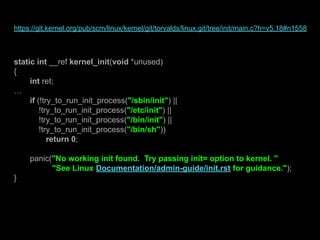 https://git.kernel.org/pub/scm/linux/kernel/git/torvalds/linux.git/tree/init/main.c?h=v5.18#n1558
static int __ref kernel_init(void *unused)
{
int ret;
…
if (!try_to_run_init_process("/sbin/init") ||
!try_to_run_init_process("/etc/init") ||
!try_to_run_init_process("/bin/init") ||
!try_to_run_init_process("/bin/sh"))
return 0;
panic("No working init found. Try passing init= option to kernel. "
"See Linux Documentation/admin-guide/init.rst for guidance.");
}
 