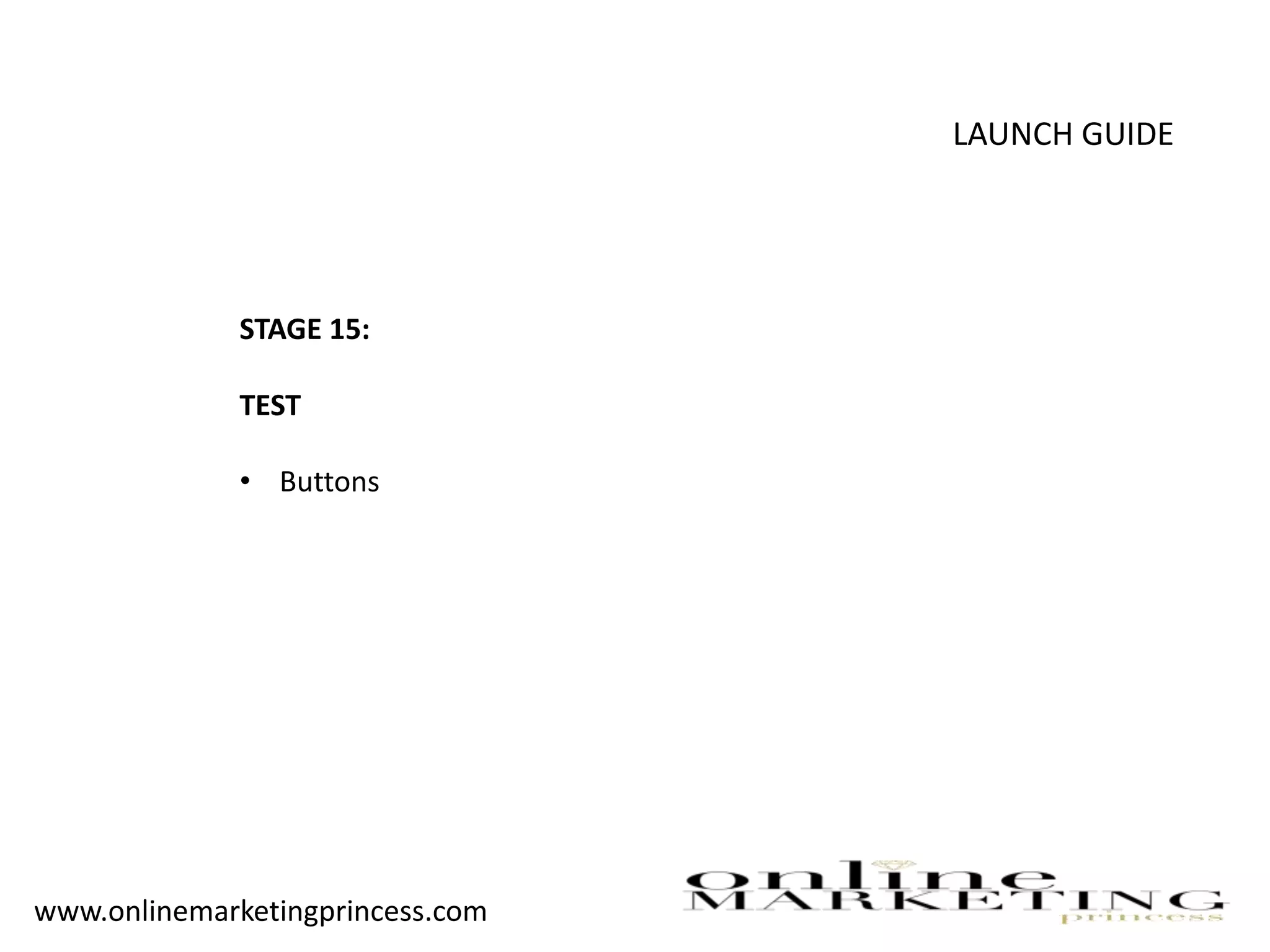 LAUNCH GUIDE
STAGE 15:
TEST
• Buttons
www.onlinemarketingprincess.com
 