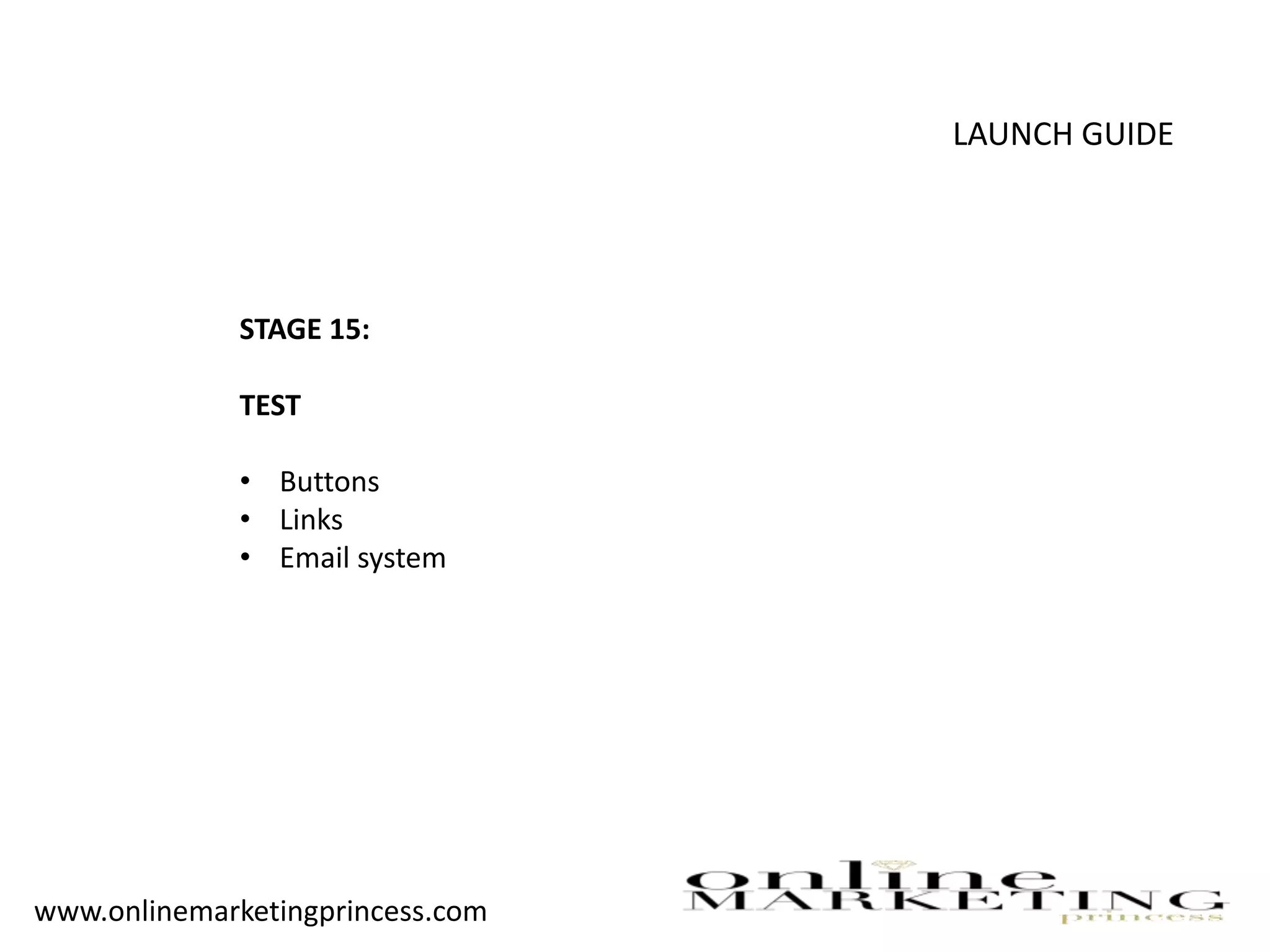 LAUNCH GUIDE
STAGE 15:
TEST
• Buttons
• Links
• Email system
www.onlinemarketingprincess.com
 