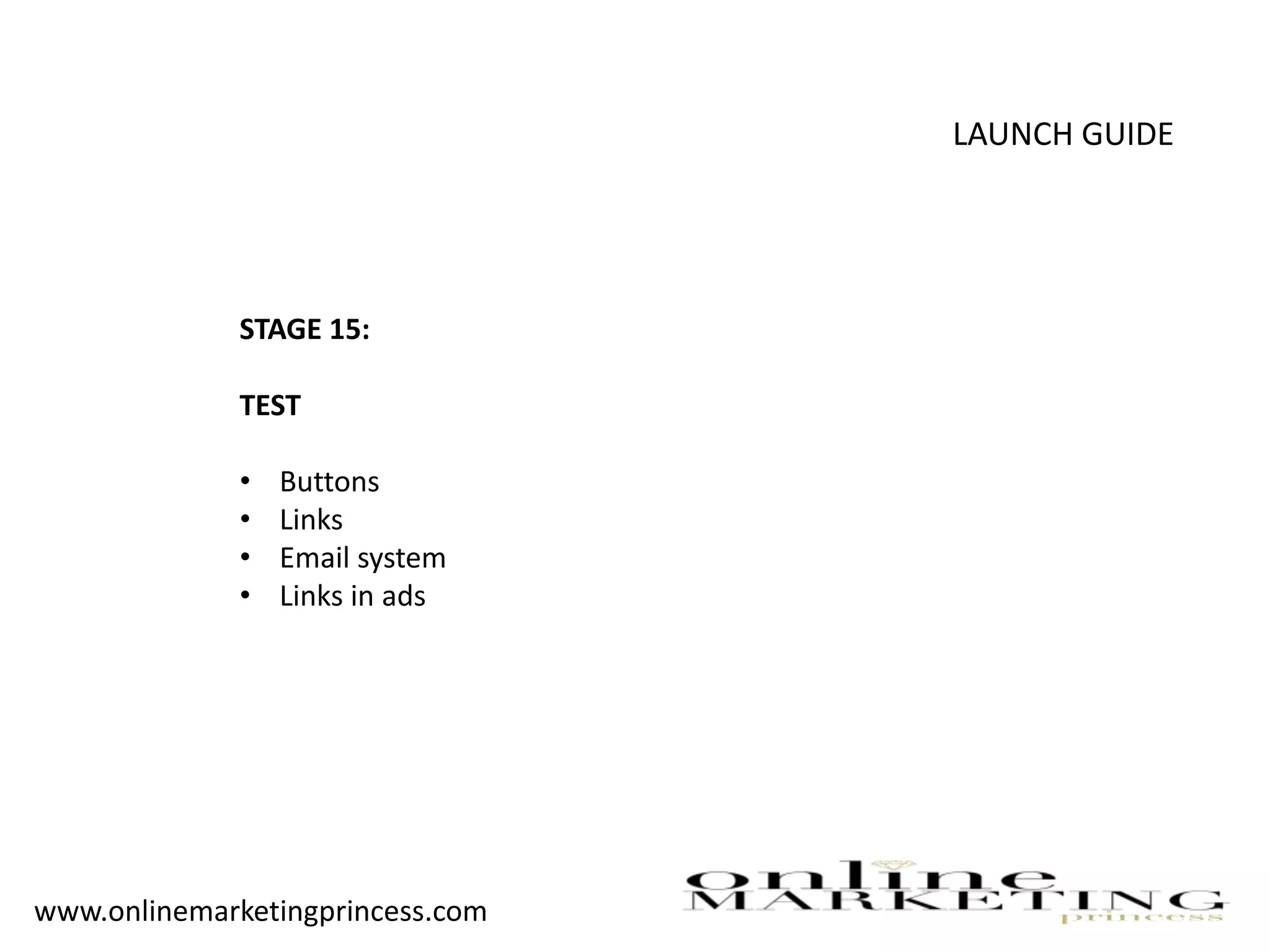 LAUNCH GUIDE
STAGE 15:
TEST
• Buttons
• Links
• Email system
• Links in ads
www.onlinemarketingprincess.com
 