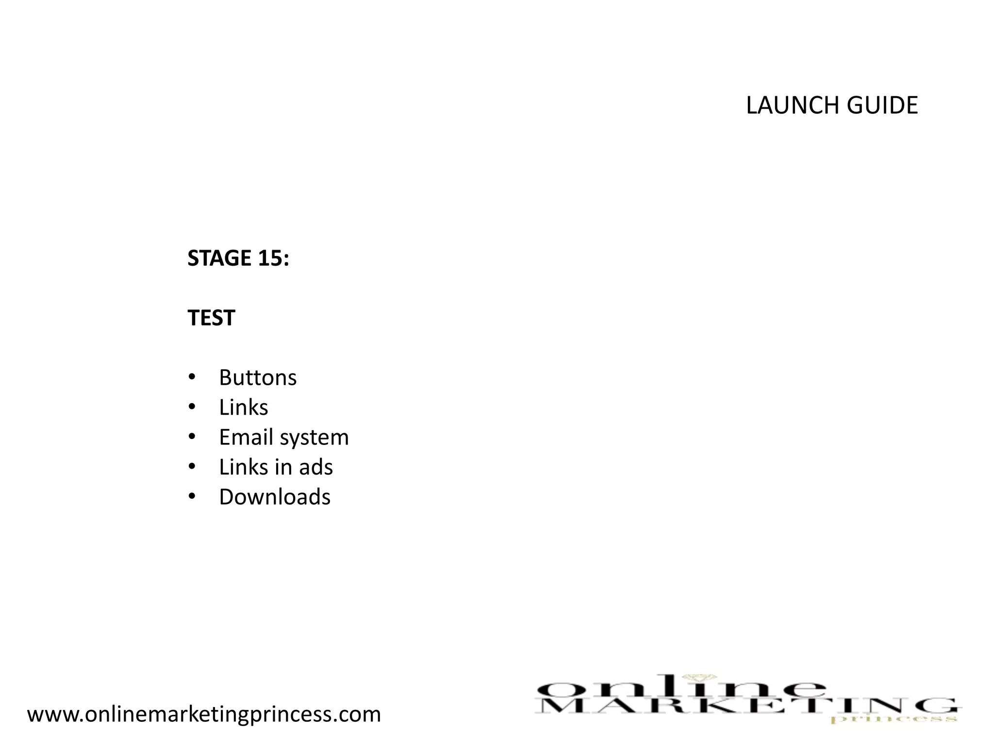 LAUNCH GUIDE
STAGE 15:
TEST
• Buttons
• Links
• Email system
• Links in ads
• Downloads
www.onlinemarketingprincess.com
 