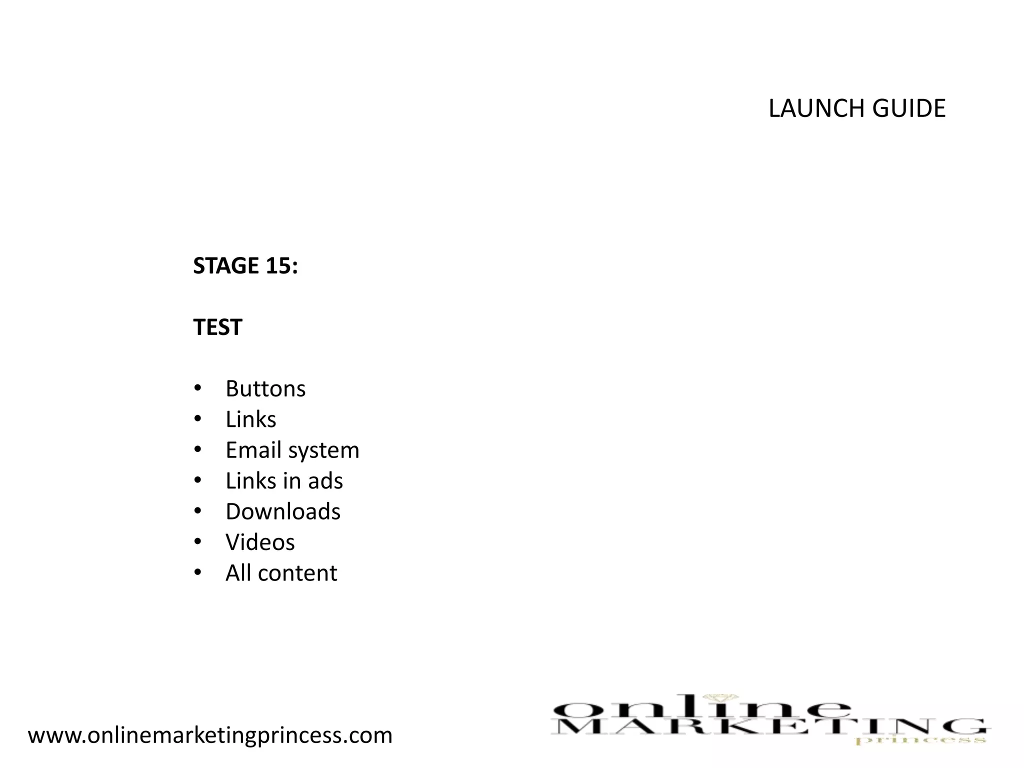 LAUNCH GUIDE
STAGE 15:
TEST
• Buttons
• Links
• Email system
• Links in ads
• Downloads
• Videos
• All content
www.onlinemarketingprincess.com
 