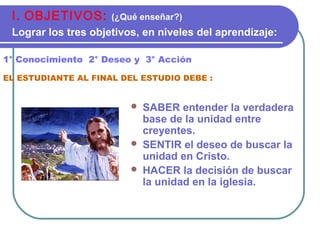 SABER entender la verdadera
base de la unidad entre
creyentes.
 SENTIR el deseo de buscar la
unidad en Cristo.
 HACER la decisión de buscar
la unidad en la iglesia.
1° Conocimiento 2° Deseo y 3° Acción
EL ESTUDIANTE AL FINAL DEL ESTUDIO DEBE :
I. OBJETIVOS: (¿Qué enseñar?)
Lograr los tres objetivos, en niveles del aprendizaje:
 