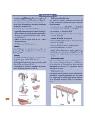 30
• Se considera unidad del paciente el conjunto formado por el
espacio de la habitación, el mobiliario y el material que utili-
za el paciente durante su estancia en un centro sanitario.
En una unidad de hospitalización habrá tantas unidades del
paciente como número de camas.
Características de una unidad del paciente tipo:
– Espacio suficiente para la distribución de todo el mobiliario,
de forma que permita moverse cómodamente para aplicar
al paciente los procedimientos técnicos y realizar la limpie-
za de la habitación.
– Dotadas con toma de oxígeno, bomba de vacío y sistema
de intercomunicación.
– De fácil acceso a la habitación y al aseo.
• Mobiliario
En todas las habitaciones se dispondrá de cama, mesilla, mesa
de cama, silla o sillón (para el paciente y las visitas), armario,
lámpara y papelera.
• Materiales
– Deusohabitual:vasos,jarra,palangana,cuñas,pijamaocami-
són, guantes, gasas, pañuelos desechables, etc.
– Dehigienepersonal:esponja,peine,jabón,crema,toallas,papel
higiénico. Estarán en el cuarto de baño.
– Otros materiales (en relación con la patología del paciente):
férulas, almohadillas, barras de tracción, etc.
• Condiciones medioambientales
Para potenciar y facilitar el bienestar y la comodidad del
paciente es importante mantener unas buenas condiciones
medioambientales:
– Atmosféricas: temperatura (20-22°C), humedad (40-60%),
movimiento del aire y ventilación y pureza del aire.
– De iluminación: luz natural y artificial.
– De insonorización (para evitar el ruido): nivel de ruido per-
mitido (25 decibelios).
• Funciones del auxiliar de enfermería
– Interviene en todo lo relacionado con la recepción y aco-
modación del paciente.
– Suministro de todo el material y equipo necesario.
– Explicación de las normas del hospital.
– Es decir, todo lo relacionado con aquellos aspectos hos-
pitalarios que garantizan la comodidad y el bienestar del
paciente y que inciden directamente en su proceso de
curación.
• Limpieza de la unidad
Debe hacerse diariamente de manera exhaustiva, para evi-
tar que se acumule polvo y suciedad (ya que acentúan el ries-
go de transmisión de microorganismos desencadenantes
de enfermedades infecciosas), y a lo largo del día, todas las
veces que sea necesario.
• Unidad de enfermería
Es el conjunto de departamentos y recursos materiales rela-
cionados con el personal de enfermería, que se disponen
para proporcionar los cuidados a los pacientes que ingre-
san en el hospital. Se gestiona desde el control de enfer-
mería.
Conceptos básicos
 
