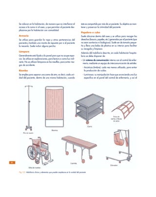 ésta es compartida por más de un paciente. Su objetivo es man-
tener y preservar la intimidad del paciente.
Papelera o cubo
Suele ubicarse dentro del aseo y se utiliza para recoger los
desechos (basura, papeles, etc.) generados por el paciente (que
no sean sanitarios ni biológicos). Suele ser de tamaño peque-
ño y lleva una bolsa de plástico en su interior para facilitar
su recogida y limpieza.
Además del mobiliario descrito, en cada habitación hospita-
laria se debe disponer de:
– Un sistema de comunicación interna con el control de enfer-
mería, mediante un equipo de intercomunicación de señales:
- Acústicas (timbre): cada vez menos utilizado, para evitar
la producción de ruidos.
- Luminosas: su manipulación hace que se encienda una luz
específica en el panel del control de enfermería, y así el
Se colocan en la habitación, de manera que no interfieran el
acceso a la cama ni al aseo, y que permitan al paciente des-
plazarse por la habitación con comodidad.
Armario
Se utiliza para guardar la ropa y otras pertenencias del
paciente y también una manta de repuesto por si el paciente
la necesita. Suele incluir alguna percha.
Lámpara
Generalmente está fijada a la pared para que no ocupe espa-
cio. Se utiliza en exploraciones, para lectura o como luz indi-
recta. No se utilizan lámparas en las mesillas, para evitar ries-
gos de accidente.
Biombo
Se emplea para separar una cama de otra, es decir, cada uni-
dad del paciente, dentro de una misma habitación, cuando
22
Fig. 2.3. Mobiliario clínico y elementos que pueden emplearse en la unidad del paciente.
 