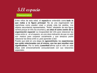 5.El espacio Entre niños de esta edad, el  espacio  es entendido como  todo lo que rodea a la figura principal . No es una organización tan caprichosa como pueden creer a simple vista los adultos. Los objetos secundarios representados, " flotan " alrededor de esa figura central porque el niño los enumera y  se sitúa él como centro de la organización espacial .  La incapacidad del niño para relacionar las cosas entre sí,  en el espacio, es una clara indicación de que no está aún maduro para cooperar socialmente y que tampoco podrá relacionar las letras entre sí, para aprender a leer.   Puesto que está en una etapa de  egocentrismo , las  experiencias que están relacionadas con él mismo, son las que resultan más significativas . Por lo tanto,  Lowenfeld  afirma que  el niño en esta etapa está emocionalmente consustanciado con sus relaciones espaciales . Preesquematica 