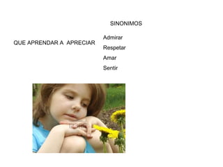 QUE APRENDAR A  APRECIAR SINONIMOS Admirar Respetar Amar Sentir 