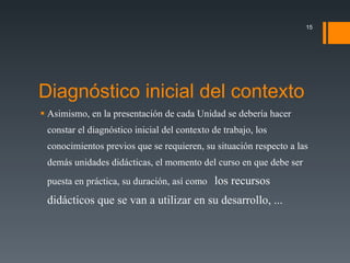 Diagn óstico inicial del contexto  Asimismo, en la presentación de cada Unidad se debería hacer constar el diagnóstico inicial del contexto de trabajo, los conocimientos previos que se requieren, su situación respecto a las demás unidades didácticas, el momento del curso en que debe ser puesta en práctica, su duración, así como  los recursos didácticos que se van a utilizar en su desarrollo, ... 