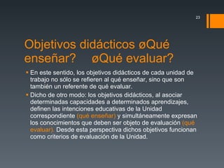 Objetivos didácticos ¿Qué enseñar?  ¿Qué evaluar?  En este sentido, los objetivos didácticos de cada unidad de trabajo no sólo se refieren al qué enseñar, sino que son también un referente de qué evaluar.  Dicho de otro modo: los objetivos didácticos, al asociar determinadas capacidades a determinados aprendizajes, definen las intenciones educativas de la Unidad correspondiente  (qué enseñar)  y simultáneamente expresan los conocimientos que deben ser objeto de evaluación  (qué evaluar).  Desde esta perspectiva dichos objetivos funcionan como criterios de evaluación de la Unidad. 