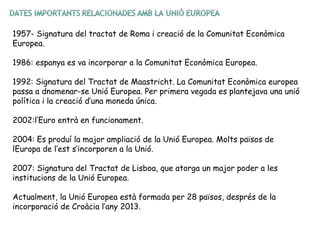 1957- Signatura del tractat de Roma i creació de la Comunitat Econòmica
Europea.
1986: espanya es va incorporar a la Comunitat Econòmica Europea.
1992: Signatura del Tractat de Maastricht. La Comunitat Econòmica europea
passa a dnomenar-se Unió Europea. Per primera vegada es plantejava una unió
política i la creació d’una moneda única.
2002:l’Euro entrà en funcionament.
2004: Es produí la major ampliació de la Unió Europea. Molts països de
lEuropa de l’est s’incorporen a la Unió.
2007: Signatura del Tractat de Lisboa, que atorga un major poder a les
institucions de la Unió Europea.
Actualment, la Unió Europea està formada per 28 països, després de la
incorporació de Croàcia l’any 2013.
 