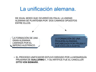 La unificación alemana.
DE IGUAL MODO QUE OCURRIÓ EN ITALIA, LA UNIDAD
ALEMANA SE PLANTEABA POR DOS CAMINOS OPUESTOS
ENTRE ELLOS.
LA FORMACIÓN DE UNA
GRAN ALEMANIA
LIDERADA POR EL
IMPERIO AUSTRÍACO.
LA FORMACIÓN DE UNA
PEQUEÑA ALEMANIA,
ENCABEZADA POR PRUSIA Y
QUE EXCLUÍA A AUSTIA.
● EL PROCESO UNIFICADOR ESTUVO DIRIGIDO POR LA MONARQUÍA
PRUSIANA DE GUILLERMO I , Y SU ARTÍFICE FUE EL CANCILLER
OTTO VON BISMARK.
 