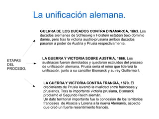 La unificación alemana.
ETAPAS
DEL
PROCESO.
GUERRA DE LOS DUCADOS CONTRA DINAMARCA, 1863. Los
ducados alemanes de Schleswig y Holstein estaban bajo dominio
danés, pero tras la victoria austro-prusiana ambos ducados
pasaron a poder de Austria y Prusia respectivamente.
LA GUERRA Y VICTORIA SOBRE AUSTRIA, 1866. Los
austriacos fueron derrotados y quedaron excluidos del proceso
de unificación alemana. Prusia sería el reino que liderará la
unificación, junto a su canciller Bismarck y su rey Guillermo I.
LA GUERRA Y VICTORIA CONTRA FRANCIA, 1870. El
crecimiento de Prusia levantó la rivalidad entre franceses y
prusianos. Tras la importante victoria prusiana, Bismarck
proclamó el Segundo Reich alemán.
Un dato territorial importante fue la concesión de los territorios
franceses de Alsacia y Lorena a la nueva Alemania, aspecto
que creó un fuerte resentimiento francés.
 