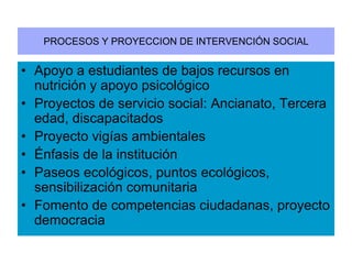PROCESOS Y PROYECCION DE INTERVENCIÓN SOCIALApoyo a estudiantes de bajos recursos en nutrición y apoyo psicológicoProyectos de servicio social: Ancianato, Tercera edad, discapacitadosProyecto vigías ambientales Énfasis de la instituciónPaseos ecológicos, puntos ecológicos, sensibilización comunitariaFomento de competencias ciudadanas, proyecto democracia 