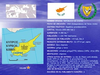 NOMBRE OFICIAL: REPÚBLICA DE CHIPRE
            FECHA DE CREACIÓN: 1960 (Independencia del Reino Unido)
            SISTEMA POLÍTICO: República presidencialista
            CAPITAL: Nicosia (200.686 hab.)
            SUPERFICIE: 9.250 km.²
            POBLACIÓN: 1.103.790 habitantes
            DENSIDAD DE POBLACIÓN: 119 hab./km.2
            PRODUCTO INTERIOR BRUTO: 16.177 € per cápita
            MONEDA: libra chipriota
            IDIOMAs: griego y turco
            RELIGIONES: ortodoxa griega(77%) islámica (18%), otras (5%)
CHIPRE      GENTILICIO: chipriota
            OTROS DATOS DE INTERES: La isla de Chipre está dividida
            desde 1974 en dos partes: la grecochipriota y la
            turcochipriota. La línea de separación se encuentra custodiada
            por fuerzas de la ONU. Sólo pertenece actualmente a la Unión
            Europea la zona grecochipriota que ocupa una superficie de
            9.000 km.2 , con una población de 800.000 habitantes
   VOLVER   AÑO DE ENTRADA EN LA U.E: 2004
            ESCAÑOS EN EL PARLAMENTO EUROPEO: 6
 