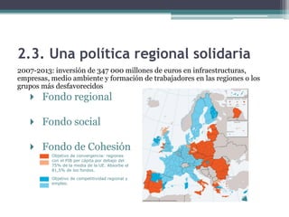 2.3. Una política regional solidaria
2007-2013: inversión de 347 000 millones de euros en infraestructuras,
empresas, medio ambiente y formación de trabajadores en las regiones o los
grupos más desfavorecidos
  4 Fondo regional

  4 Fondo social

  4 Fondo de Cohesión
          Objetivo de convergencia: regiones
          con el PIB per cápita por debajo del
          75% de la media de la UE. Absorbe el
          81,5% de los fondos.

          Objetivo de competitividad regional y
          empleo.
 