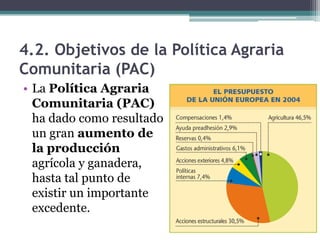 4.2. Objetivos de la Política Agraria
Comunitaria (PAC)
• La Política Agraria
  Comunitaria (PAC)
  ha dado como resultado
  un gran aumento de
  la producción
  agrícola y ganadera,
  hasta tal punto de
  existir un importante
  excedente.
 