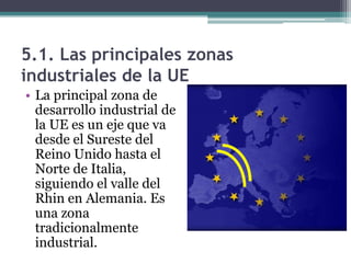 5.1. Las principales zonas
industriales de la UE
• La principal zona de
  desarrollo industrial de
  la UE es un eje que va
  desde el Sureste del
  Reino Unido hasta el
  Norte de Italia,
  siguiendo el valle del
  Rhin en Alemania. Es
  una zona
  tradicionalmente
  industrial.
 