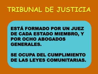 TRIBUNAL DE JUSTICIAESTÁ FORMADO POR UN JUEZ DE CADA ESTADO MIEMBRO, Y POR OCHO ABOGADOS GENERALES. SE OCUPA DEL CUMPLIMIENTO DE LAS LEYES COMUNITARIAS.
