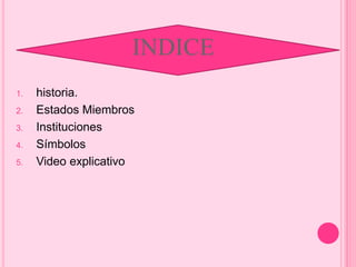 INDICE
1. historia.
2. Estados Miembros
3. Instituciones
4. Símbolos
5. Video explicativo