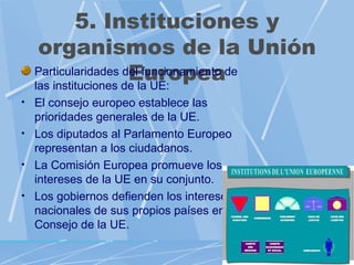5. Instituciones y
   organismos de la Unión
                     Europea
  Particularidades del funcionamiento de
  las instituciones de la UE:
• El consejo europeo establece las
  prioridades generales de la UE.
• Los diputados al Parlamento Europeo
  representan a los ciudadanos.
• La Comisión Europea promueve los
  intereses de la UE en su conjunto.
• Los gobiernos defienden los intereses
  nacionales de sus propios países en el
  Consejo de la UE.
 