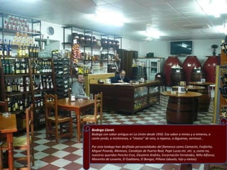 Bodega Lloret . Bodega con sabor antiguo en La Unión desde 1950. Ese sabor a minas y a mineros, a cante jondo, a michirones, a “chatos” de vino, a reparos, a láguenas, vermout… Por esta bodega han desfilado personalidades del flamenco como Camarón, Fosforito, Miguel Poveda, Meneses, Canalejas de Puerto Real, Pepe Lucas etc. etc. y, como no, nuestros queridos Pencho Cros, Eleuterio Andréu, Encarnación Fernández, Niño Alfonso, Morenito de Levante, El Gaditano, El Bongui, Piñana (abuelo, hijo y nietos).  .  